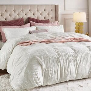 Bedsure Queen 90"x90" Brushed Crinkle Velvet Duvet Cover Pearl White Shimmer Zip